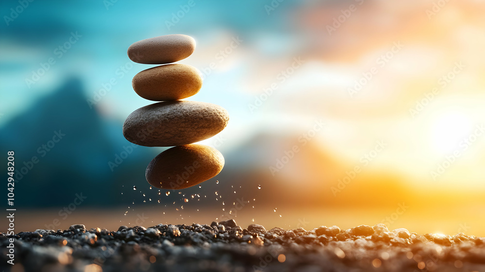 Obraz premium Balanced stones in harmony, representing tranquility and mindfulness against a serene sunset backdrop.