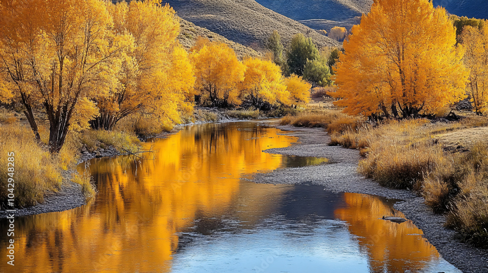 A scenic view of golden autumn trees lining a winding river, reflecting the vibrant colors of the season. A scenic view of golden autumn trees lining a winding river, reflecting the vibrant colors of the season.