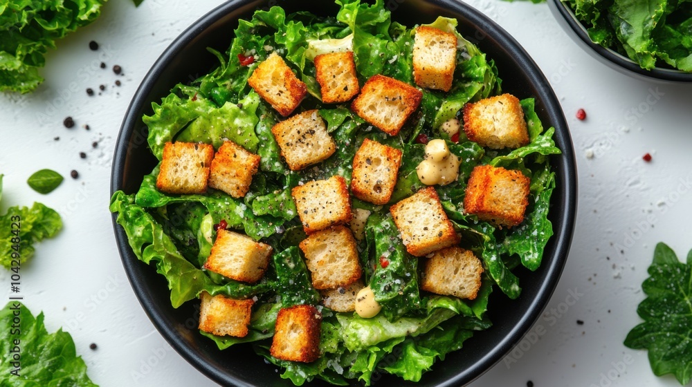 Illustration of a Caesar salad with romaine in a black bowl, white background, croutons and Parmesan shavings, crisp and clean, flat lay style. Illustration of a Caesar salad with romaine in a black bowl, white background, croutons and Parmesan shavings, crisp and clean, flat lay style.