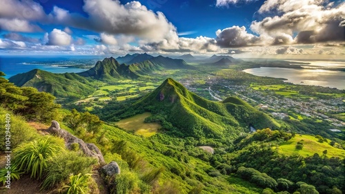 Lush mountain scenes from a ridge trail on Oahu Hawaii overlooking Kaneohe Kailua and the windward side of the island, high angle