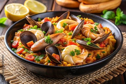 Spanish seafood paella, closeup view