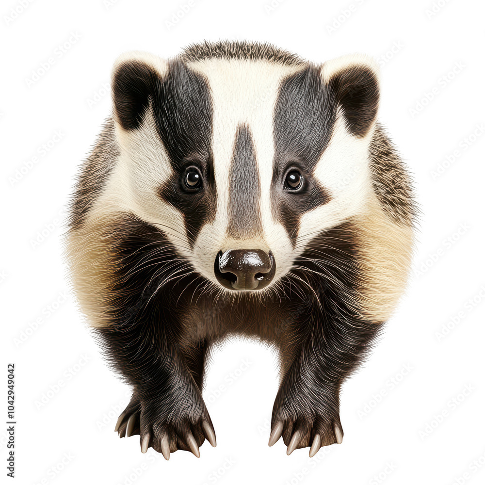 Close-up view of a badger isolated on transparent background, showcasing its distinctive black and white markings. Close-up view of a badger isolated on transparent background, showcasing its distinctive black and white markings.