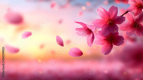 Beautiful pink cherry blossoms with petals floating in a serene sunset background. photo