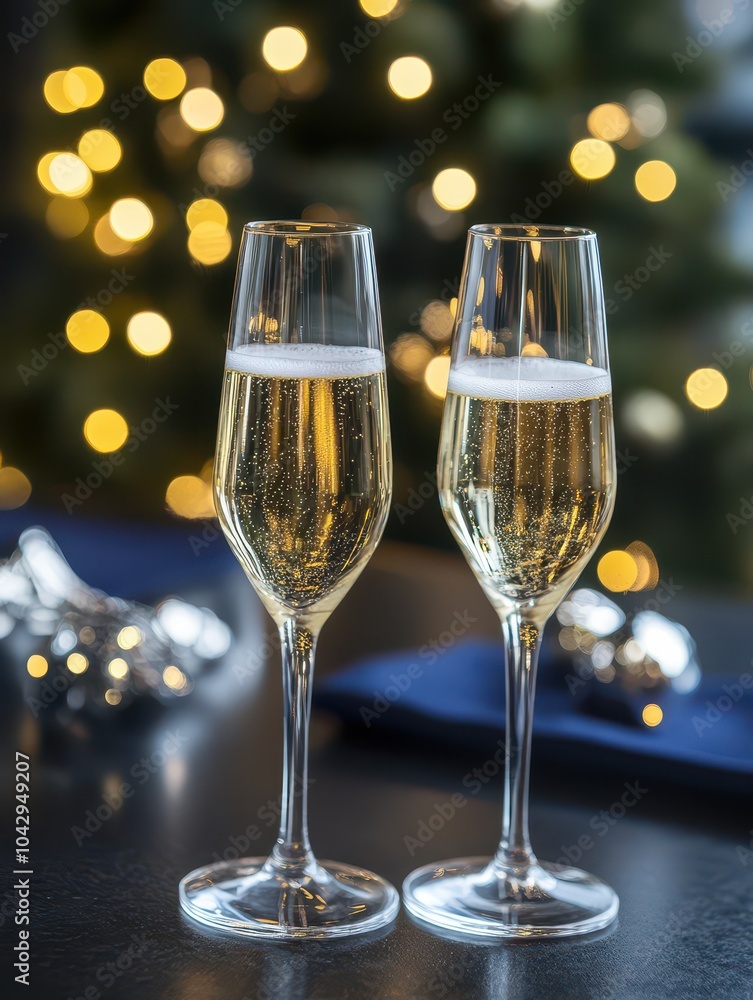 Sparkling champagne glasses with festive bokeh backdrop Sparkling champagne glasses with festive bokeh backdrop