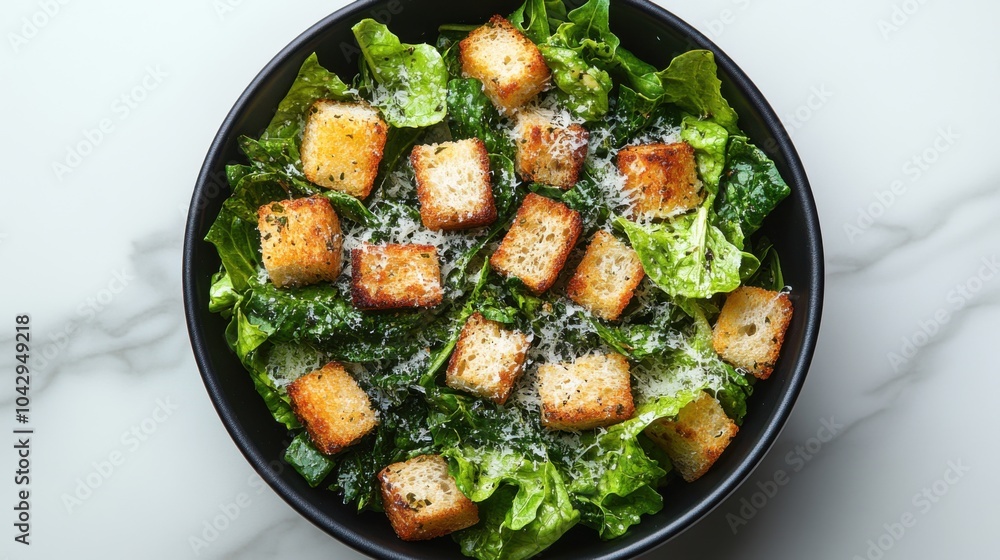 Illustration of a Caesar salad with romaine in a black bowl, white background, croutons and Parmesan shavings, crisp and clean, flat lay style. Illustration of a Caesar salad with romaine in a black bowl, white background, croutons and Parmesan shavings, crisp and clean, flat lay style.