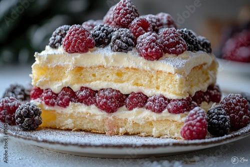 A Slice of Cake with Cream, Raspberries, and Blackberries photo