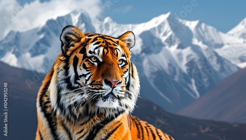 majestic tiger portrait with mountains in the background