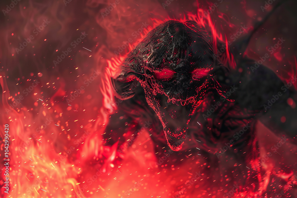 Scary sinister devil is in hell with dramatic fire lighting Scary sinister devil is in hell with dramatic fire lighting