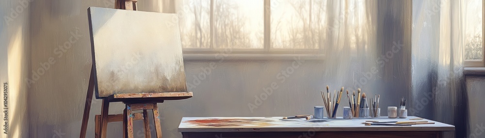 A serene artist's studio with an easel, brushes, and a table covered in paint. A serene artist's studio with an easel, brushes, and a table covered in paint.