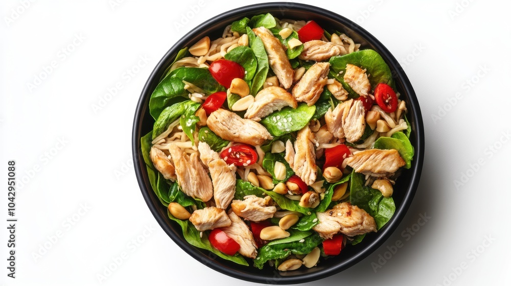 Illustration of a Chinese chicken salad in a black bowl, white background, crunchy chow mein noodles and almonds, hearty and satisfying, neat arrangement. Illustration of a Chinese chicken salad in a black bowl, white background, crunchy chow mein noodles and almonds, hearty and satisfying, neat arrangement.