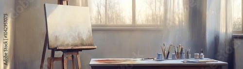 A serene artist's studio with an easel, brushes, and a table covered in paint.