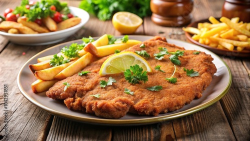 Traditional Wiener Schnitzel with French Fries and Lemon