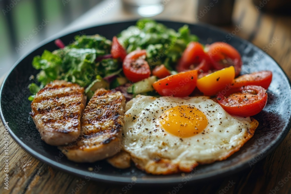 Grilled Pork, Fried Egg, and Tomato Salad Plate Grilled Pork, Fried Egg, and Tomato Salad Plate