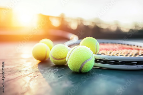 Tennis Racket and Balls on a Court at Sunset