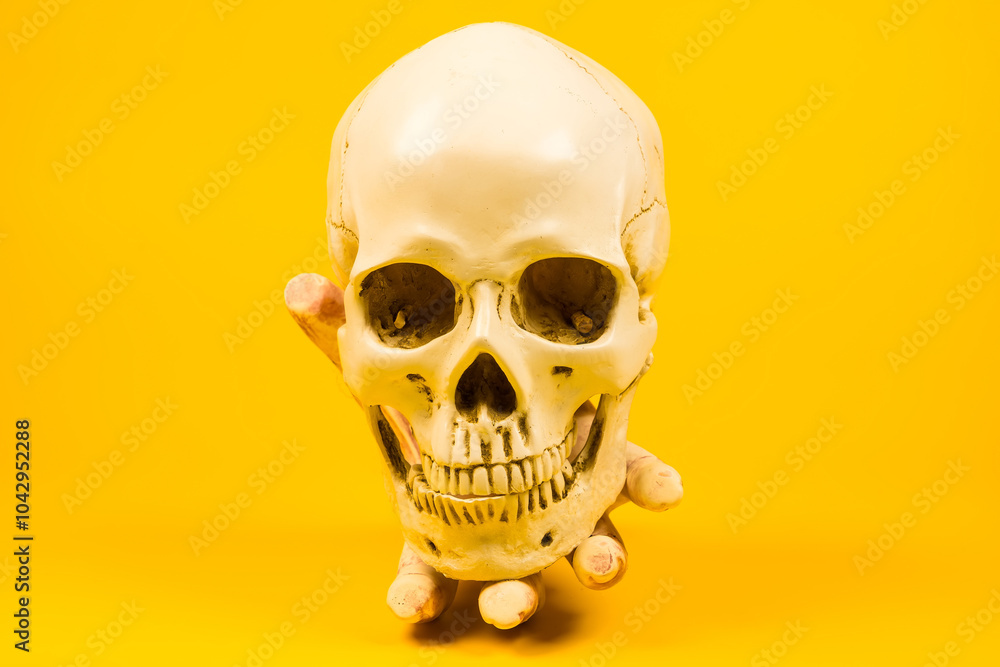 Fototapeta premium Severed Hand on a Skull Against a Yellow Background: Artistic and Spooky Halloween-Themed Display