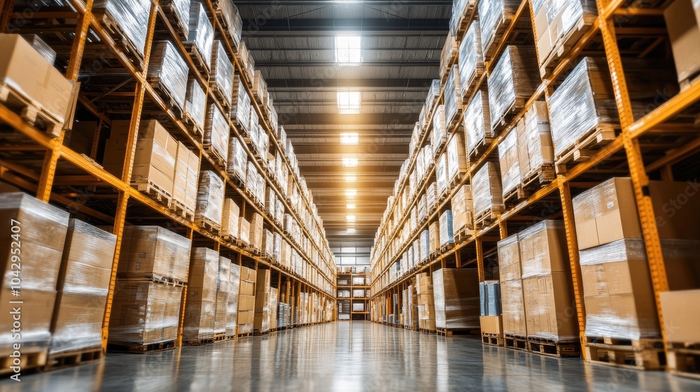 Warehouse Interior with Tall Shelves and Pallet Boxes Warehouse Interior with Tall Shelves and Pallet Boxes