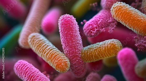 Close-up view of colorful rod-shaped bacteria with textured surfaces  photo