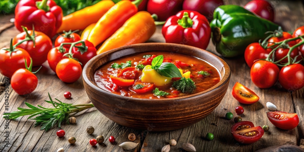 Vibrant Vegetable Sauce in a Rustic Setting - Delicious Homemade Sauce with Fresh Vegetables, Healthy Cooking Inspiration, Colorful Ingredients, Culinary Art, Food Photography, Organic Lifestyle Vibrant Vegetable Sauce in a Rustic Setting - Delicious Homemade Sauce with Fresh Vegetables, Healthy Cooking Inspiration, Colorful Ingredients, Culinary Art, Food Photography, Organic Lifestyle