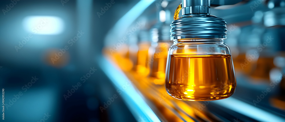 Close-up of a glass bottle filled with amber liquid, designed for product packaging in a manufacturing setting. Close-up of a glass bottle filled with amber liquid, designed for product packaging in a manufacturing setting.