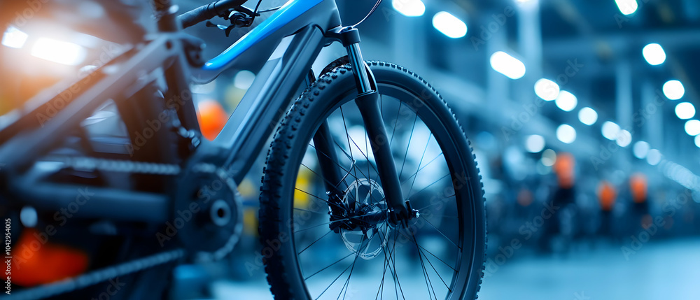 Close-up of a modern bicycle in a factory setting, highlighting its design and engineering. Close-up of a modern bicycle in a factory setting, highlighting its design and engineering.