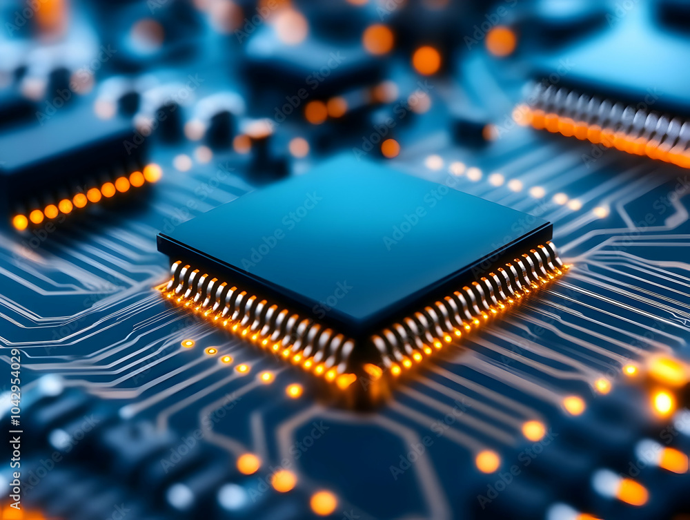 Close-up of a microchip on a circuit board with glowing lights, showcasing modern technology and innovation. Close-up of a microchip on a circuit board with glowing lights, showcasing modern technology and innovation.