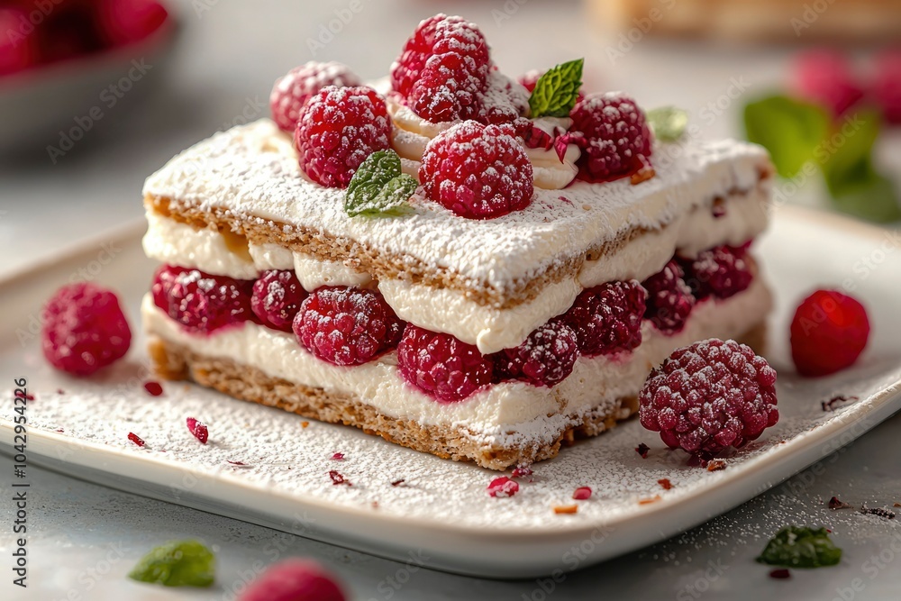 Layered Raspberry Cake with Whipped Cream and Powdered Sugar Layered Raspberry Cake with Whipped Cream and Powdered Sugar