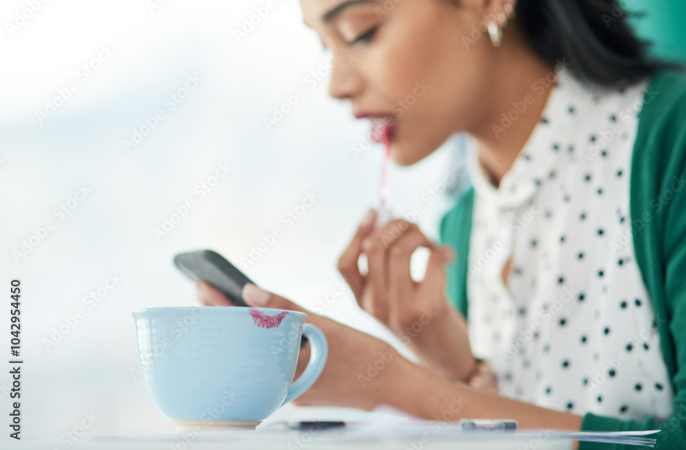 Woman, lipstick and smartphone for beauty in office with smudge on cup, reflection and makeup in morning. Person, phone and cosmetics with color, application and lips at startup creative agency Woman, lipstick and smartphone for beauty in office with smudge on cup, reflection and makeup in morning. Person, phone and cosmetics with color, application and lips at startup creative agency