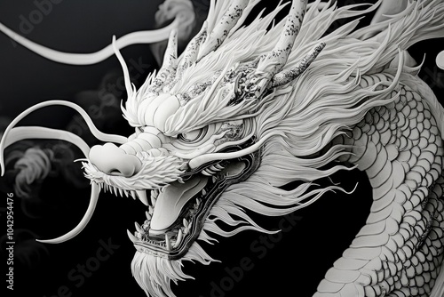 Majestic Asian dragon black and white mystical concept on black background photo