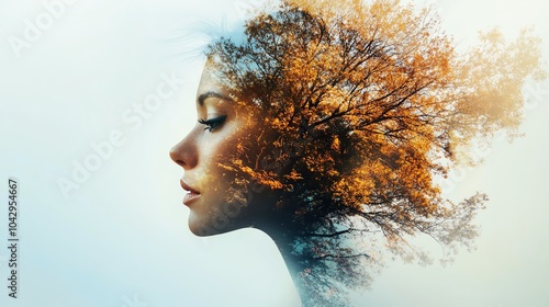 the natural double exposure image incorporating elements of transformation, coping, comity, intelligence, and mindfulness photo