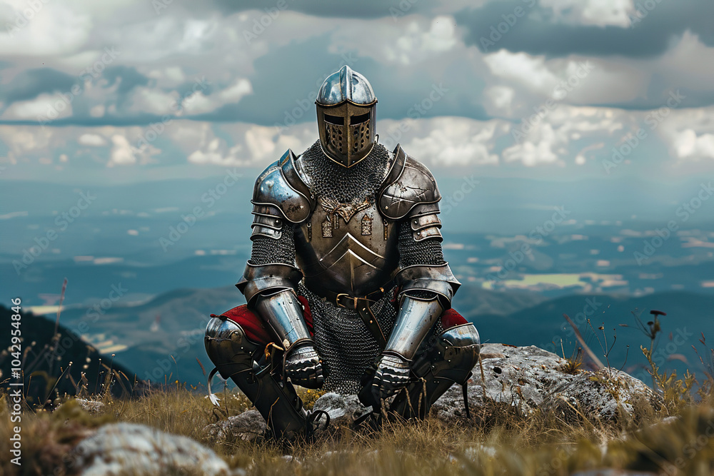 A fantastic royal knight in armor guards the castle chambers A fantastic royal knight in armor guards the castle chambers