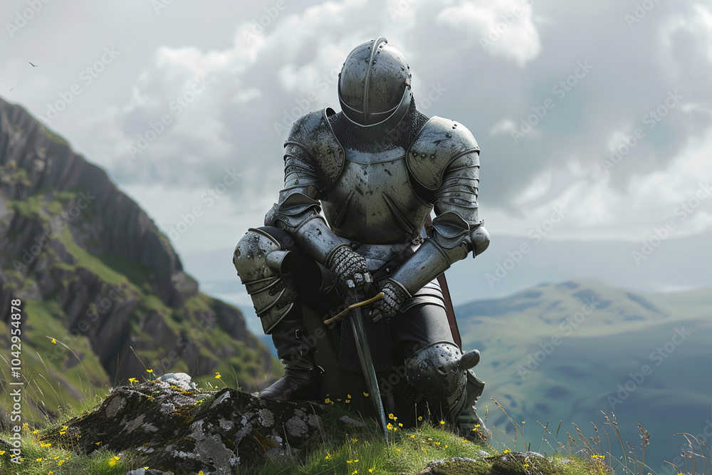 A fantastic royal knight in armor guards the castle chambers A fantastic royal knight in armor guards the castle chambers