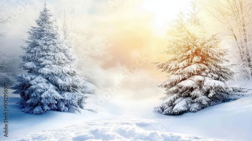 Enchanting winter landscape with -covered trees at sunrise