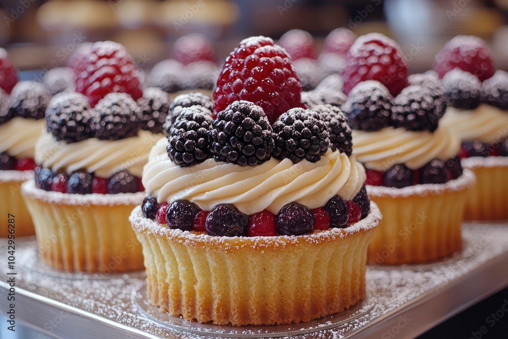 Close-up of a Berry-Topped Tartlet with Whipped Cream and Powdered Sugar on a Silver Tray Close-up of a Berry-Topped Tartlet with Whipped Cream and Powdered Sugar on a Silver Tray
