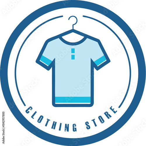 Clothing store logo design concept a simplified light blue t-shirt icon inside a circular frame. Generative AI. photo