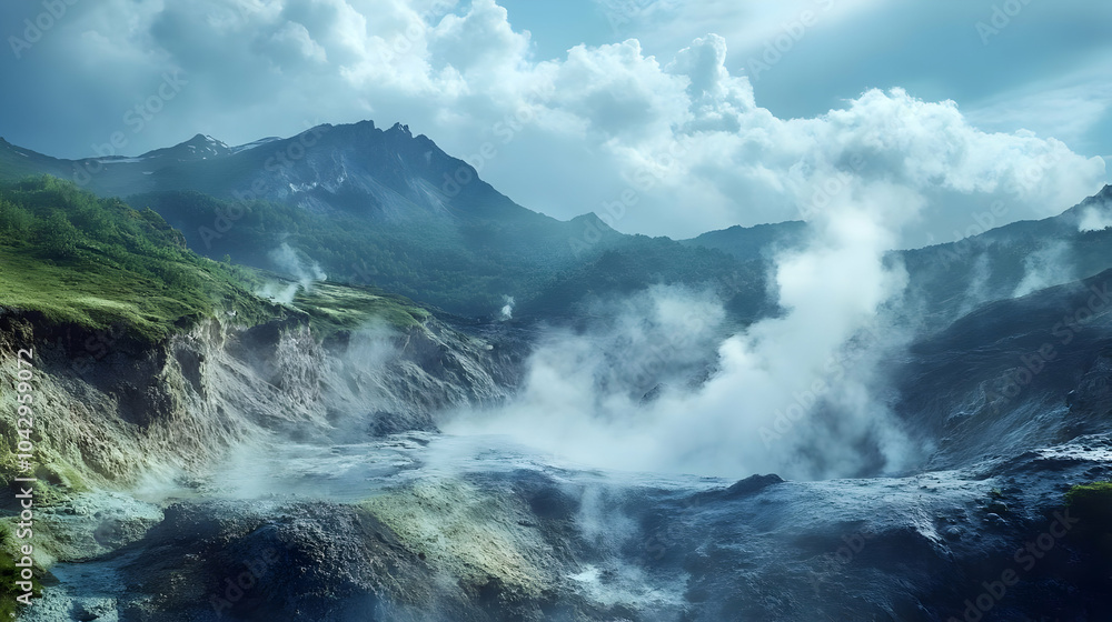 Obraz premium Majestic mountain landscape shrouded in mist, showcasing the beauty of nature's elements at play.