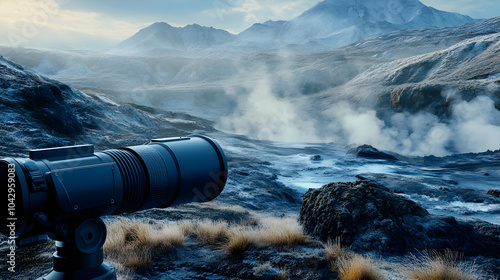 Stunning landscape view featuring a camera lens, capturing the beauty of nature in a mountainous environment. photo