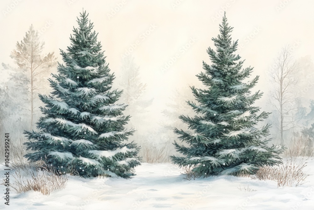 Two fir trees covered with snow in snowy forest Two fir trees covered with snow in snowy forest