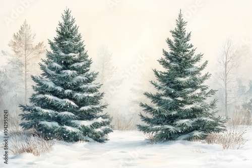 Two fir trees covered with snow in snowy forest