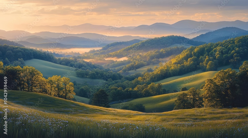 Obraz premium Serene landscape with rolling hills and distant mountains at sunset.