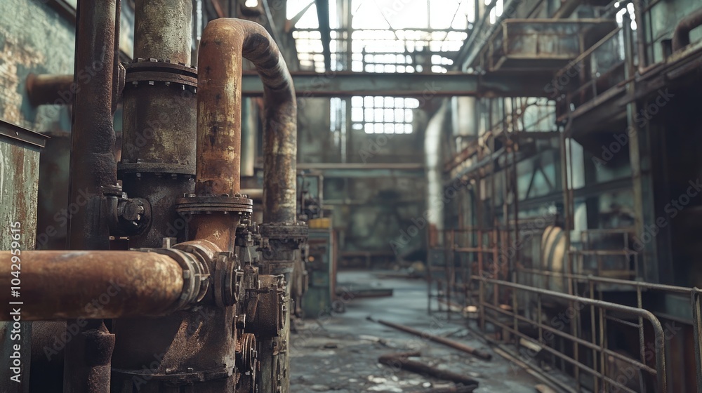 Rusty pipes in an abandoned factory. This photo shows the details of an old industrial complex, perfect for depicting themes of decay and neglect. Rusty pipes in an abandoned factory. This photo shows the details of an old industrial complex, perfect for depicting themes of decay and neglect.