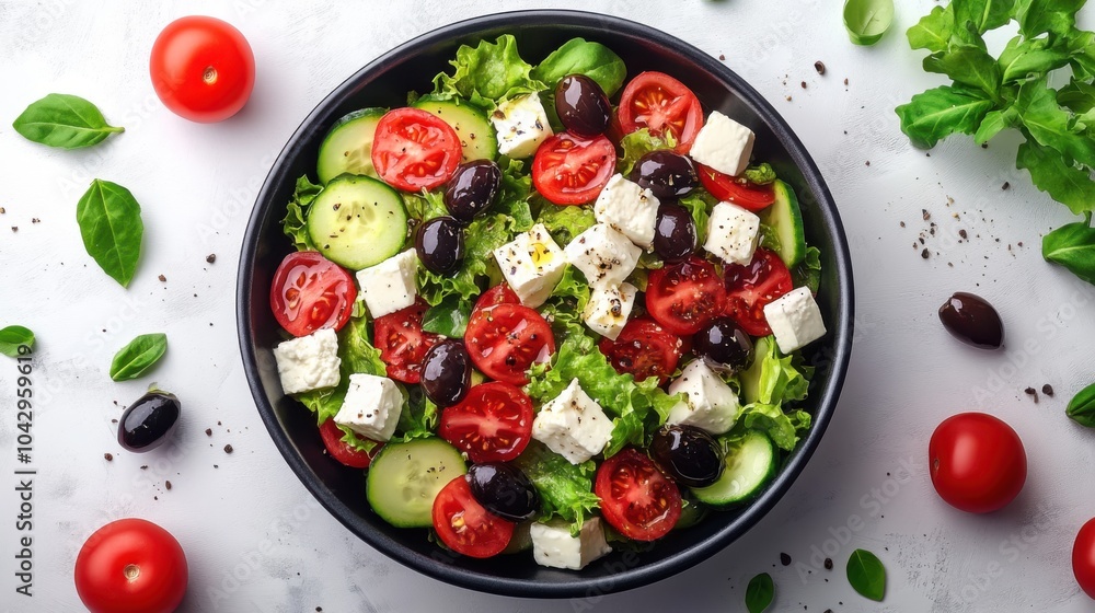 Illustration of a Greek salad with olives in a black bowl, white background, cucumbers and feta, crisp elements, neat arrangement. Illustration of a Greek salad with olives in a black bowl, white background, cucumbers and feta, crisp elements, neat arrangement.