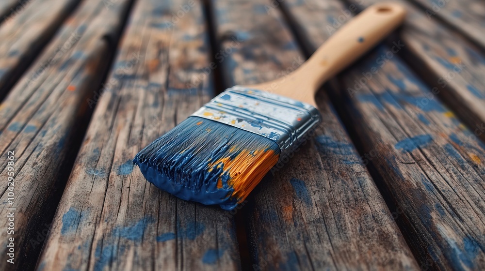 The paintbrush on wooden deck The paintbrush on wooden deck