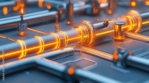 Concept about Fuel Processing Technology. A futuristic image of a pipe with glowing orange lights