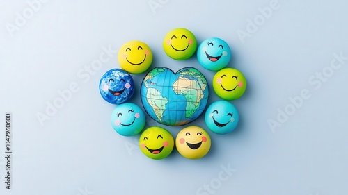 Globes with happy faces connected in a heart shape, globe theme, cartoon drawing.