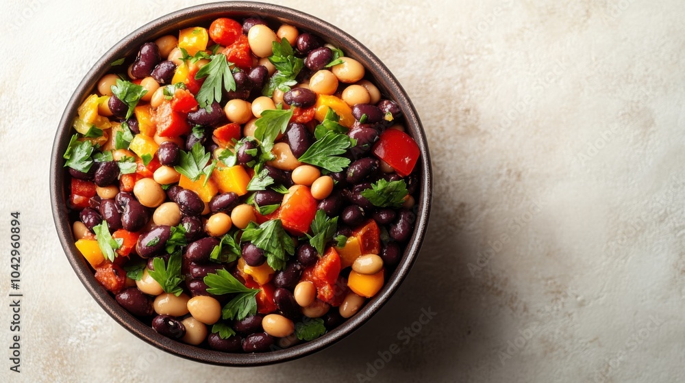Illustration of a mixed bean salad in a black bowl, soft-focus background, black beans and kidney beans, protein-packed and vibrant, overhead composition. Illustration of a mixed bean salad in a black bowl, soft-focus background, black beans and kidney beans, protein-packed and vibrant, overhead composition.