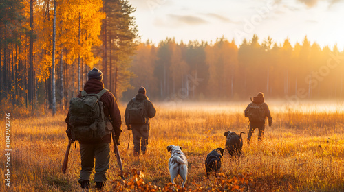 Hunters and dogs on a misty morning, forest edge, hunting gear, golden autumn light, focused energy photo