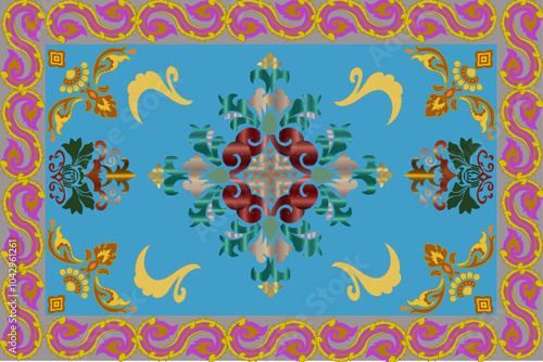 Seamless geometric embroidery pattern with damask floral motifs. Illustration on blue background, vector, carpet.