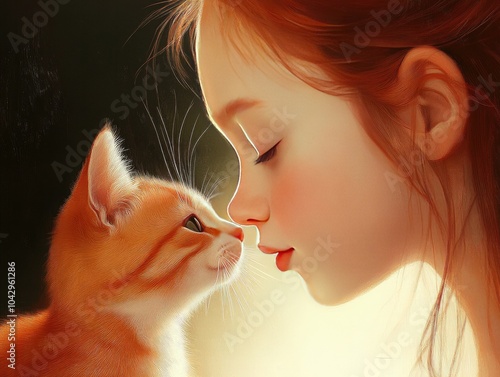 Red hair girl and orange cat kiss oil painting close-up portrait photo