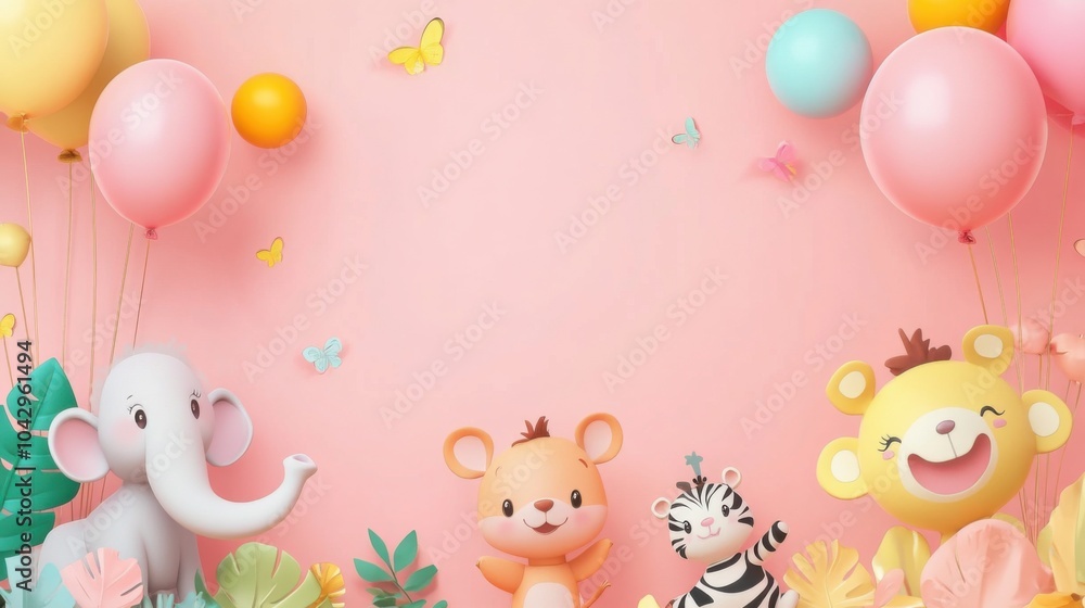 Cute cartoon animals with balloons in a colorful playful setting for kids Cute cartoon animals with balloons in a colorful playful setting for kids