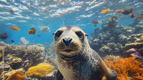 A charming seal underwater, surrounded by vibrant coral reefs and colorful fish, showcasing the beauty of marine life. photo